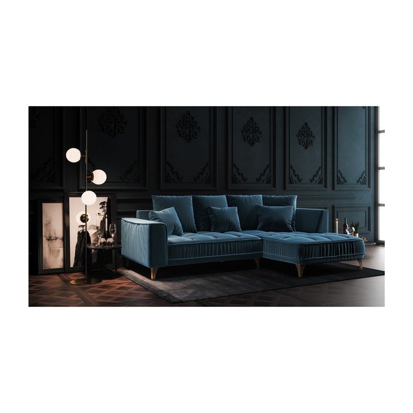 Tmavomodrá zamatová rohová pohovka Devichy Chloe, pravý roh, 256 cm-image-3