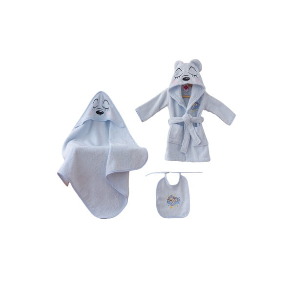 Modrý bavlnený detský župan a osuška v súprave 3 ks veľkosť 0-2 roky Bear – Foutastic