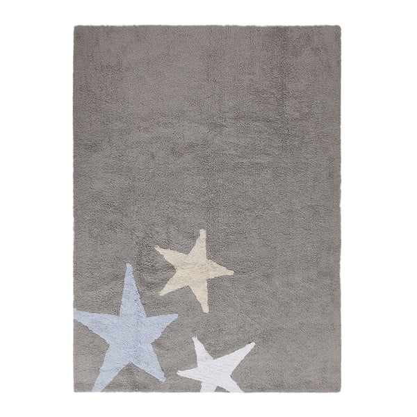Sivý bavlnený ručne vyrobený koberec s modrou hviezdou Lorena Canals Three Stars, 120 x 160 cm