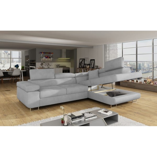 Svetlosivá zamatová rozkladacia/s úložným priestorom rohová pohovka (pravý roh/do L) Anton – ELTAP-image-4