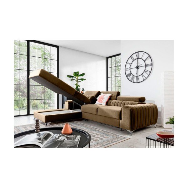 Svetlohnedá zamatová rozkladacia/s úložným priestorom rohová pohovka (ľavý roh/s leňoškou) Grayson – ELTAP-image-3