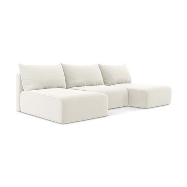 Krémová zamatová rozkladacia/s úložným priestorom rohová pohovka (do tvaru "U") Kalena – Makamii-image-2