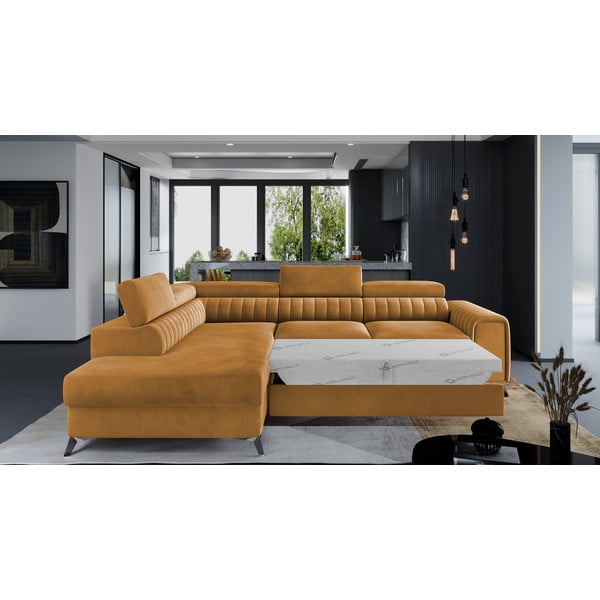 Žltá zamatová rozkladacia/s úložným priestorom rohová pohovka (ľavý roh/do L) Laurence – ELTAP-image-2