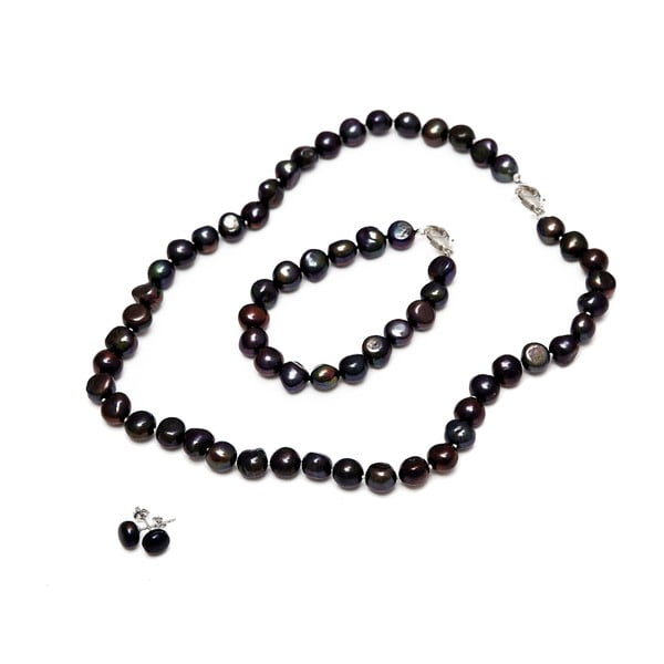 Sada náhrdelníka, náušníc a náramku z riečnych perál GemSeller Sericea, čierne perly