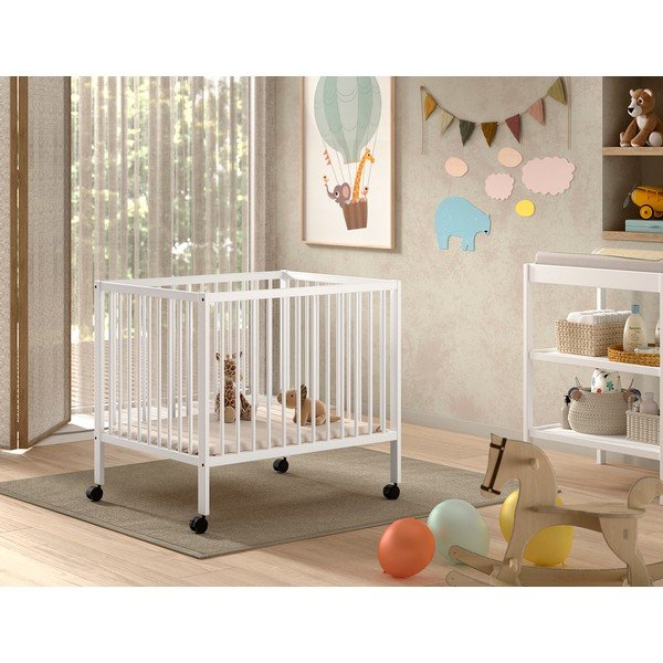 Biela detská ohrádka z bukového dreva s nastaviteľnou výškou/na kolieskach 95x75 cm Dino – Vipack-image-1