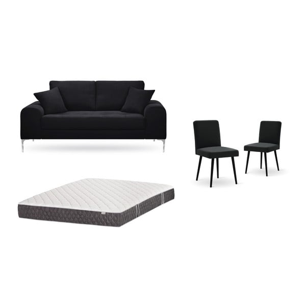 Set dvojmiestnej čiernej pohovky, 2 čiernych stoličiek a matraca 140 × 200 cm Home Essentials