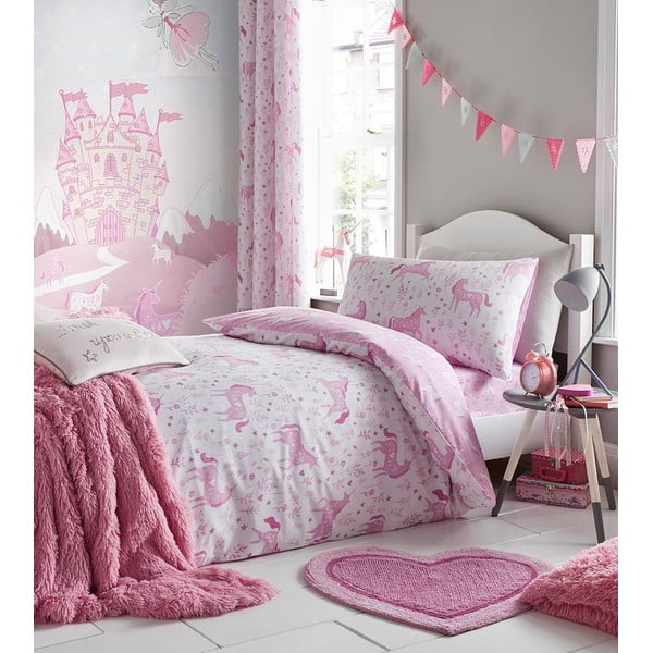 Ružové obliečky na dvojlôžko Catherine Lansfield Unicorn, 200 × 200 cm