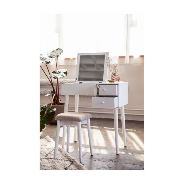 Biely toaletný stolík so zrkadlom, šperkovnicou a 2 zásuvkami Chez Ro Beauty-image-3