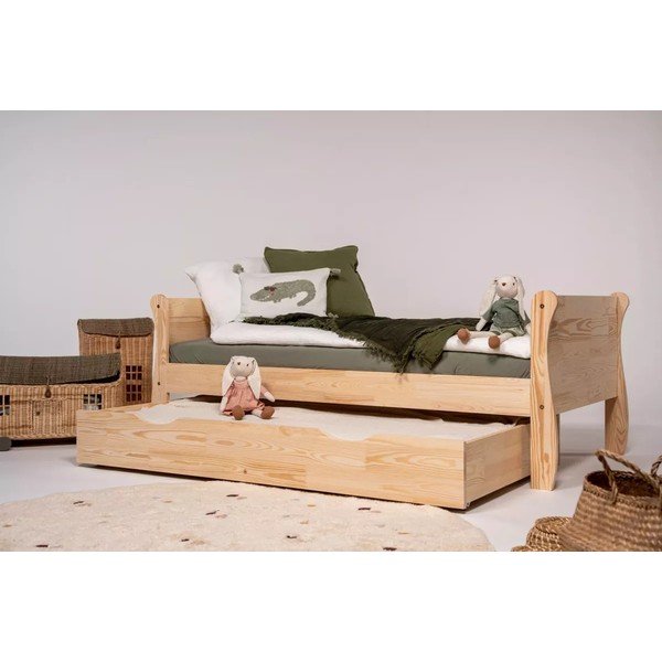 Detská posteľ z borovicového dreva s výsuvným lôžkom s úložným priestorom s roštom 90x190 cm v prírodnej farbe Roma – Adeko-image-1