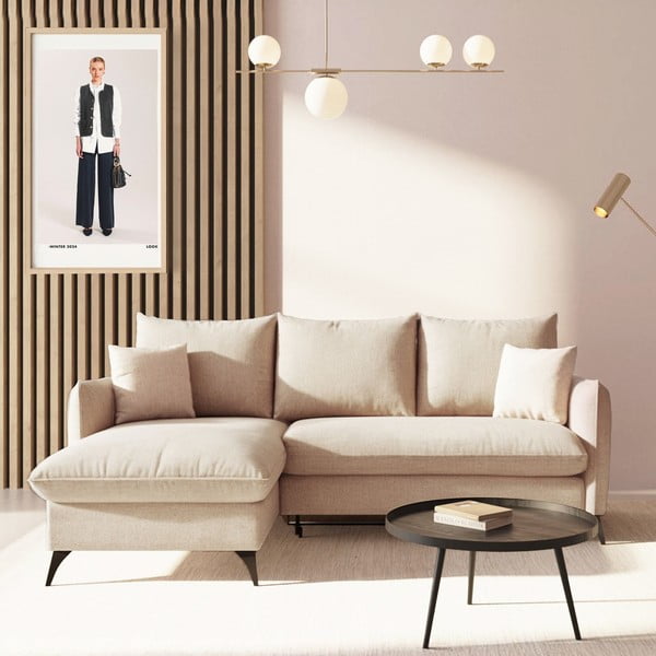 Béžová rozkladacia/s úložným priestorom rohová pohovka z textílie buklé (ľavý roh/s leňoškou) Brim – Rodier-image-1