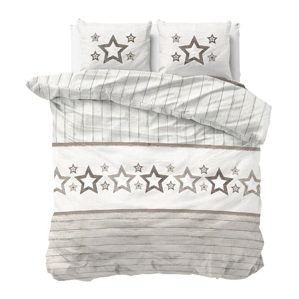 Hnedo-biele obliečky z mikroperkálu na dvojlôžko Sleeptime Stars, 240 × 220 cm