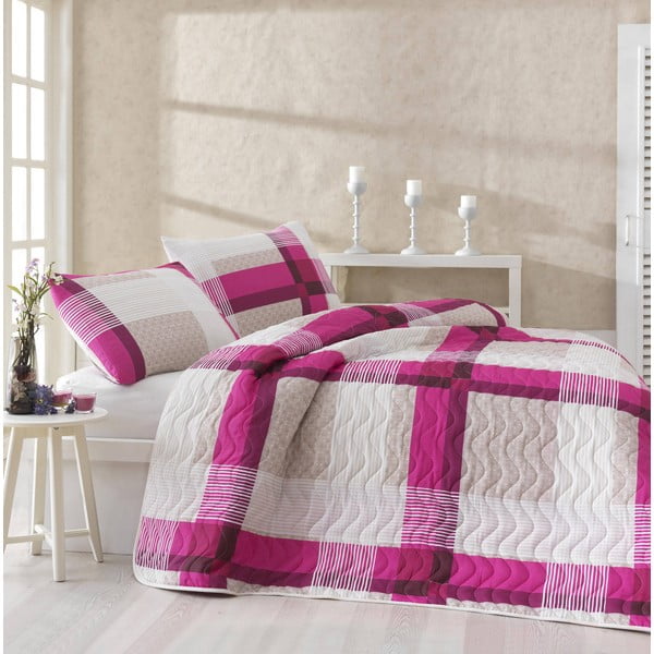 Sada prikrývky cez posteľ a dvoch obliečok na vankúš Karo Pink, 200x220 cm