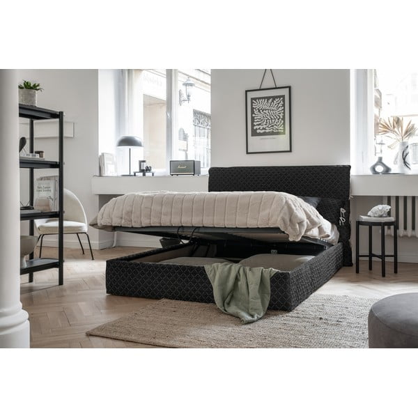 Čierna čalúnená dvojlôžková posteľ s úložným priestorom s roštom 160x200 cm Sleepy Luna – Miuform-image-1