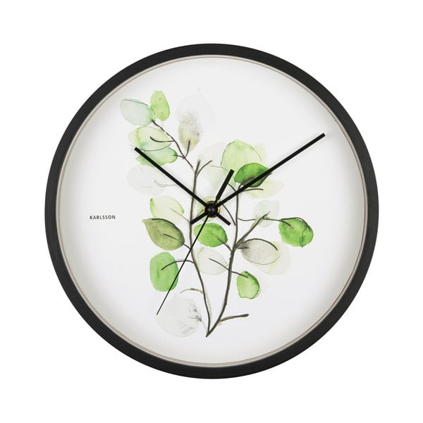 Zeleno-biele nástenné hodiny v čiernom ráme Karlsson Eucalyptus, ø 26 cm