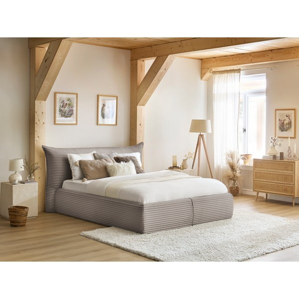 Béžová čalúnená dvojlôžková posteľ s úložným priestorom a roštom 160x200 cm Jade – Bobochic Paris-image-1