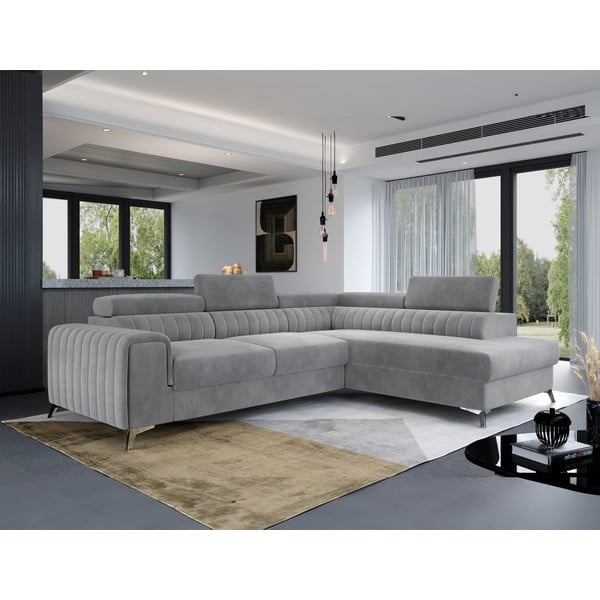 Sivá zamatová rozkladacia/s úložným priestorom rohová pohovka (pravý roh/do L) Laurence – ELTAP-image-4