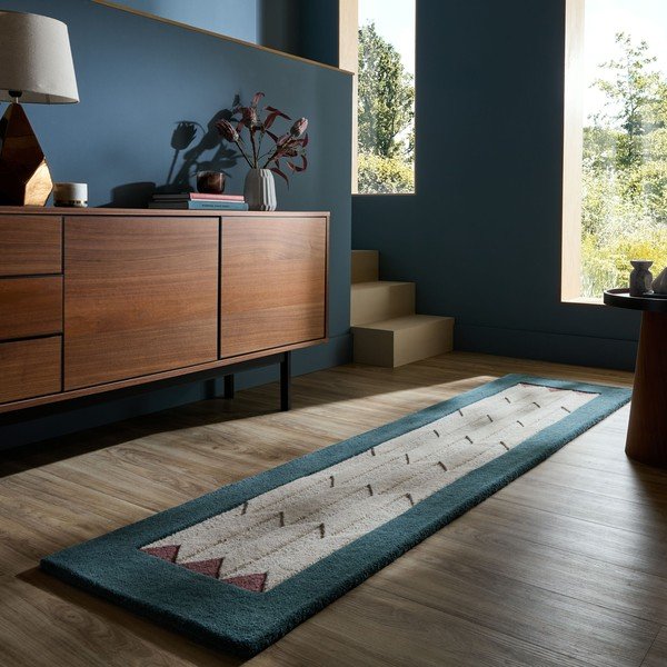 Ručne tkaný vlnený behúň v prírodnej farbe/zelenomodrý 60x230 cm Apex Border Wool – Flair Rugs-image-1