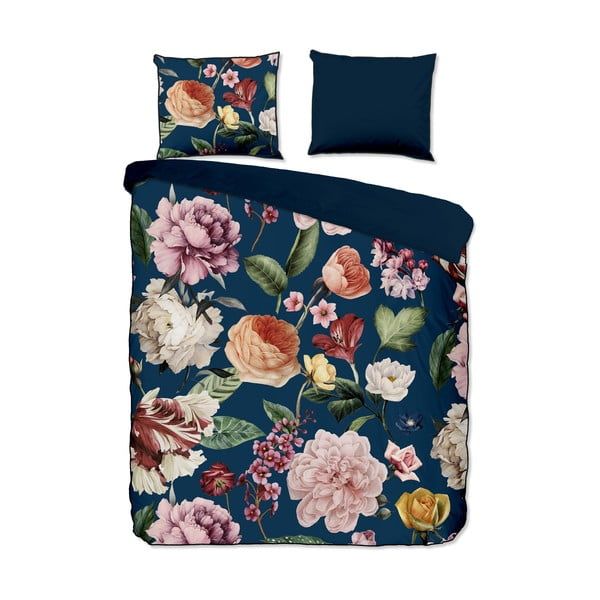 Tmavomodré obliečky na dvojlôžko/predĺžené z bavlneného saténu 200x220 cm Fiori – Descanso