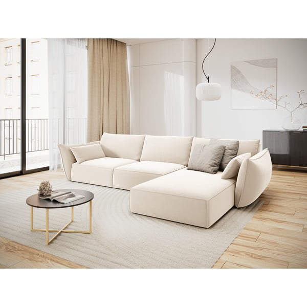 Béžová zamatová rohová pohovka (pravý roh/s leňoškou) Vanda – Mazzini Sofas-image-1