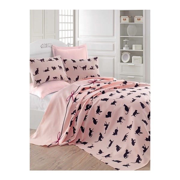 Ružová prikrývka cez posteľ Mijolnir Cats, 160 x 230 cm