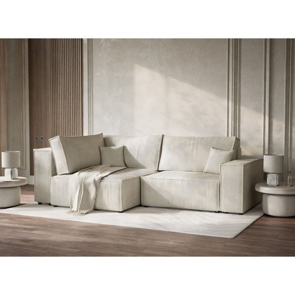 Krémová menčestrová rozkladacia/s úložným priestorom rohová pohovka (ľavý roh/do L) Tonga – Maison de Rêve-image-4