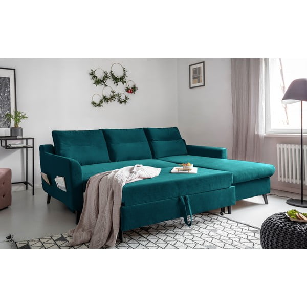 Tyrkysovomodrá zamatová rozkladacia rohová pohovka Miuform Stylish Stan, pravý roh-image-4