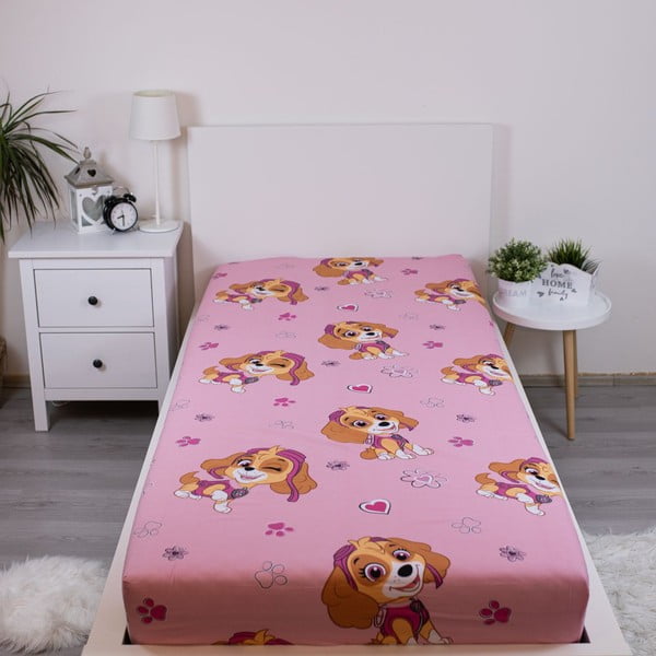 Ružová napínacia bavlnená detská plachta na jednolôžko 90x200 cm Paw Patrol – Jerry Fabrics-image-1