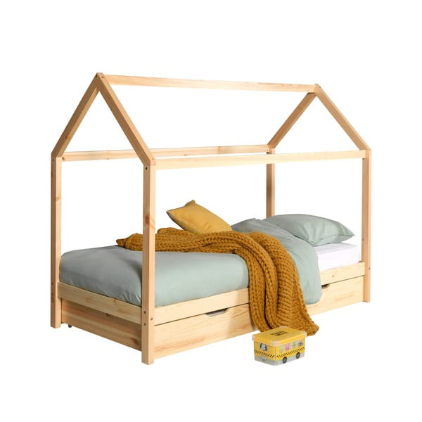 Domčeková detská posteľ z borovicového dreva s výsuvným lôžkom a úložným priestorom v prírodnej farbe 90x200 cm DALLAS – Vipack