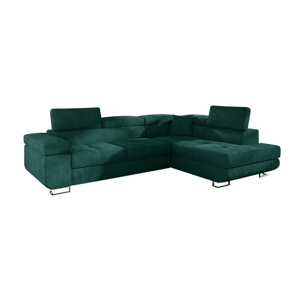 Zelená zamatová rozkladacia/s úložným priestorom rohová pohovka (pravý roh/do L) Anton – ELTAP-image-2