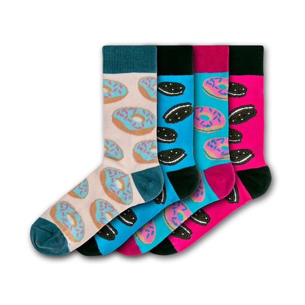 Sada 4 párov farebných ponožiek Funky Steps Exotic Cookies and Donuts, veľkosť 35 - 39 a 41 - 45