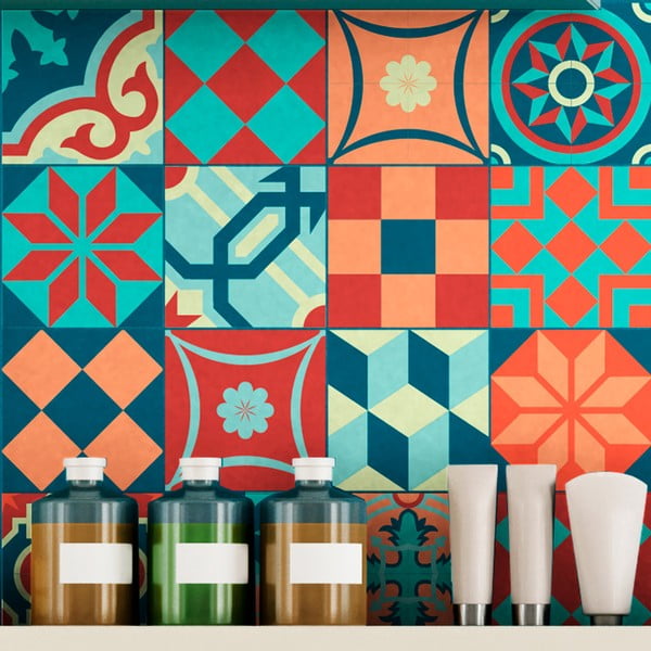 Sada 16 nástenných samolepiek Ambiance Wall Stickers Tiles Azulejos Colorful Vintage Style, 10 × 10 cm
