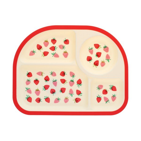 Červený/béžový plastový detský tanier 21x27 cm Little Strawberry – Rex London