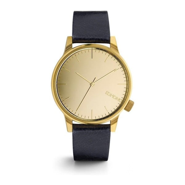 Unisex tmavomodré hodinky s koženým remienkom a ciferníkom v zlatej farbe Komono Mirror