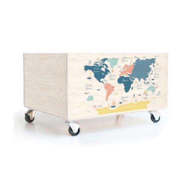 Detský borovicový úložný box na kolieskach Folkifreckles Worldmap