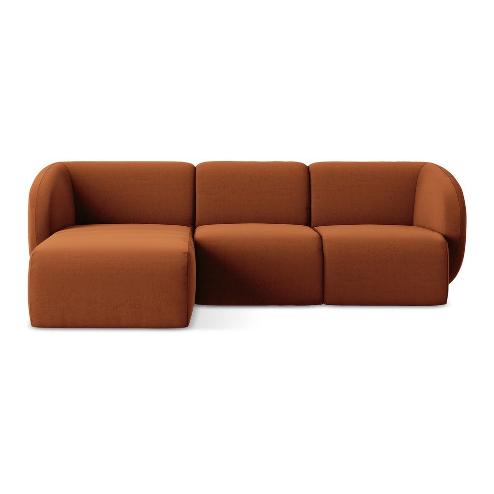 Zamatová rohová pohovka v terakotovej farbe (ľavý roh/s leňoškou) Lani – Makamii