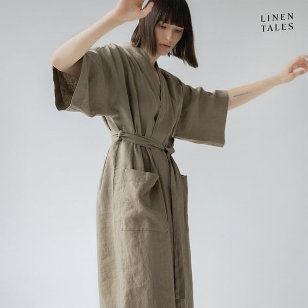 Khaki ľanový župan veľkosť L/XL Summer - Linen Tales-image-1