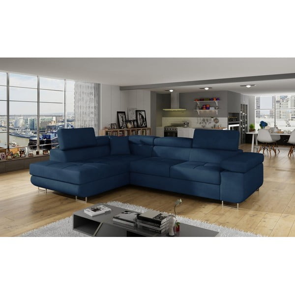 Modrá zamatová rozkladacia/s úložným priestorom rohová pohovka (ľavý roh/do L) Anton – ELTAP-image-3