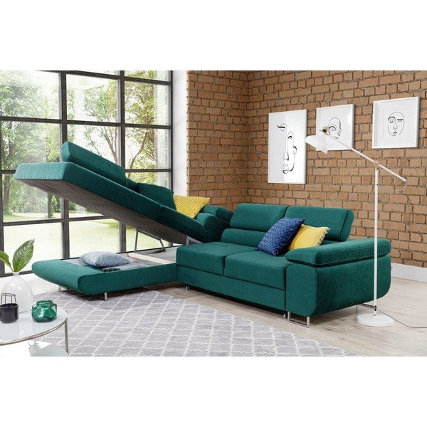 Zelená zamatová rozkladacia/s úložným priestorom rohová pohovka (ľavý roh/do L) Anton – ELTAP-image-3