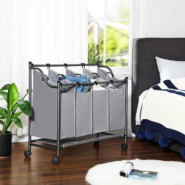 Sivý kôš s kolieskami a 4 segmentmi na bielizeň Songmics-image-3