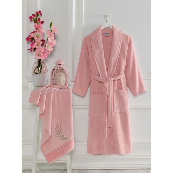 Ružový bavlnený župan a uterák v súprave veľkosť S/M – Mila Home