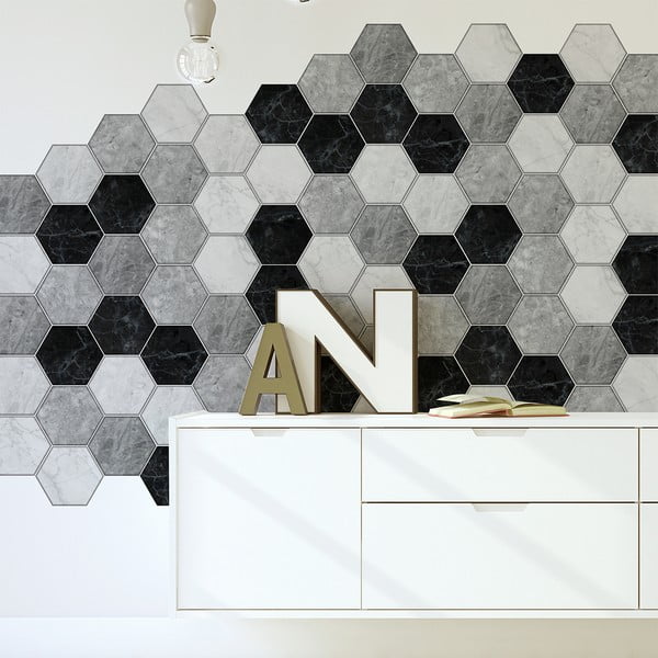 Sada 28 dekoratívnych samolepiek na stenu Ambiance Hexagons Marble, 15 × 13,5 cm