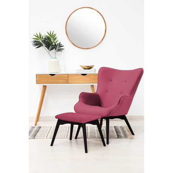 Ružovočervené kreslo a podnožka s podnožou v čiernej farbe Vivonita Cora Velvet-image-1