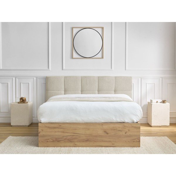 Béžová čalúnená čalúnená/z drevotriesky dvojlôžková posteľ s úložným priestorom s roštom 160x200 cm Kumo – Bobochic Paris-image-4