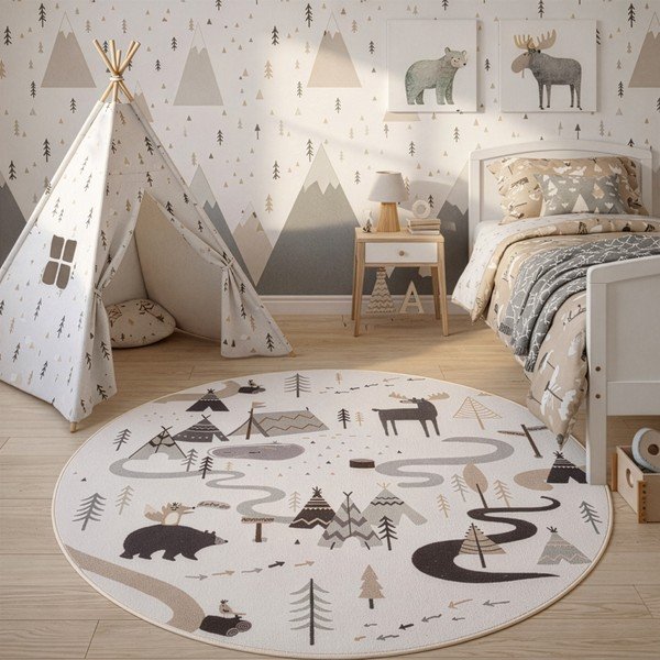 Krémovobiely prateľný detský koberec ø120 cm Coco 1135 – Ayyildiz Carpets-image-1