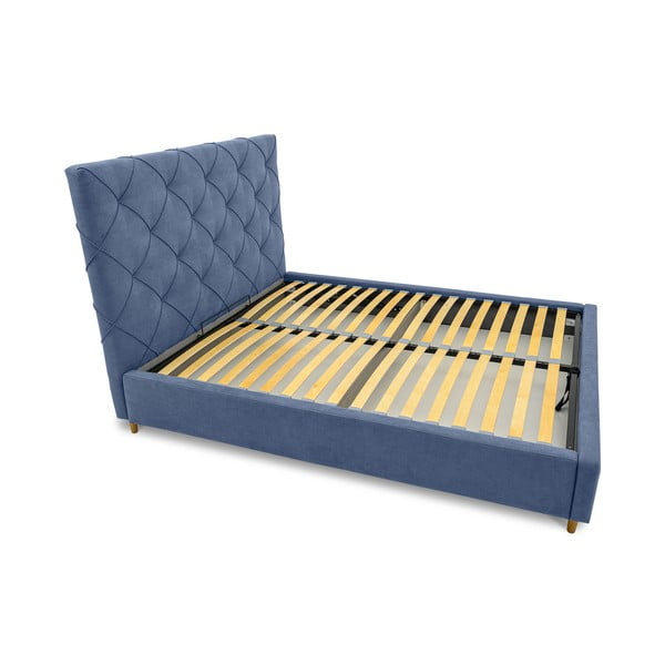 Modrá čalúnená dvojlôžková posteľ s úložným priestorom a roštom 160x200 cm Bee – Scandic-image-4