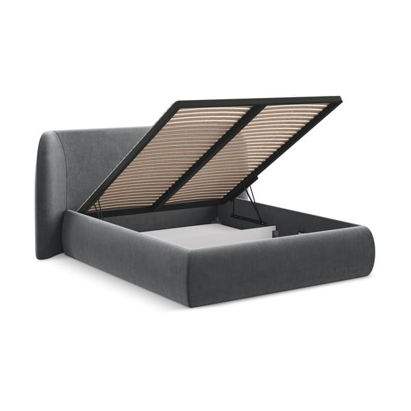 Tmavosivá čalúnená dvojlôžková posteľ s úložným priestorom s roštom 160x200 cm Hauke – Makamii-image-2