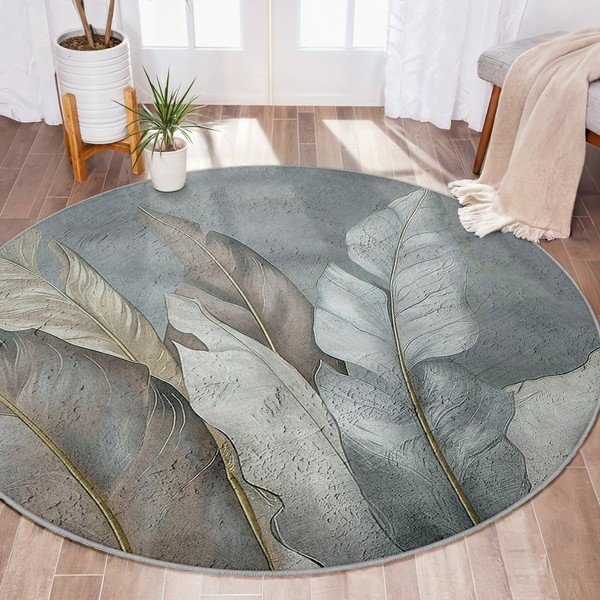Zeleno-sivý prateľný okrúhly koberec ø 100 cm Dusty Leaves – Mila Home-image-4