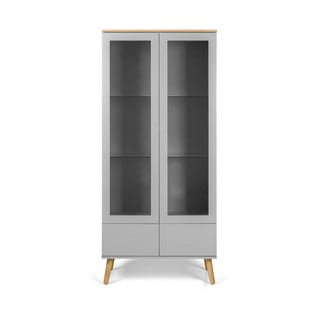 Sivá vitrína s detailmi v dekore dubového dreva Tenzo Dot, výška 175 cm