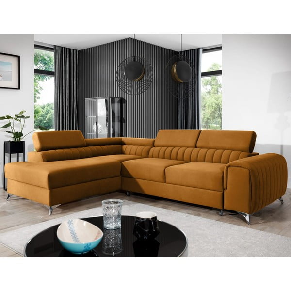 Žltá zamatová rozkladacia/s úložným priestorom rohová pohovka (ľavý roh/do L) Laurence – ELTAP-image-1