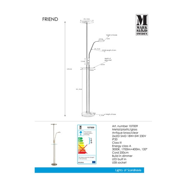 Voľne stojacia LED lampa v mosadznej farbe Markslöjd Friend Uplight-image-1